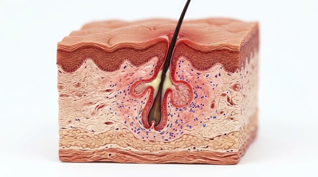 A cross-section of human skin displaying the epidermis, dermis, and subcutaneous layers, with a hair follicle and pore clearly visible
