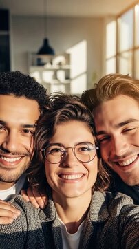 Three diverse young adult friends taking a selfie together, happy multiethnic group smiling at camera, authentic lifestyle portrait