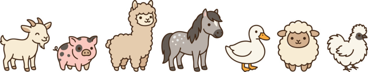 Obraz premium Cute Chibi Style Farm Animals Vector Collection Set Featuring Goat Pig Alpaca Horse Duck Sheep and Chicken