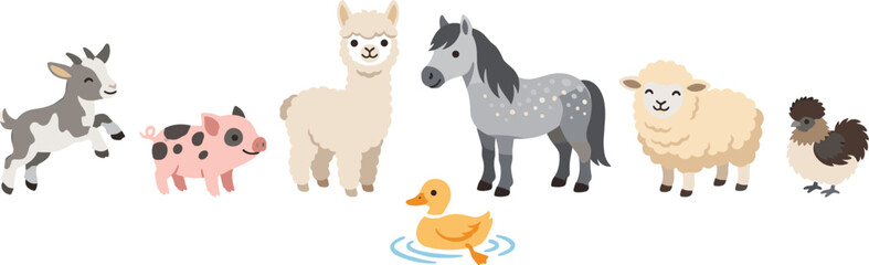 Obraz premium Cute Hand Drawn Farm Animals Collection Set Including Horse Alpaca Sheep Goat Pig Duck and Chicken Vector
