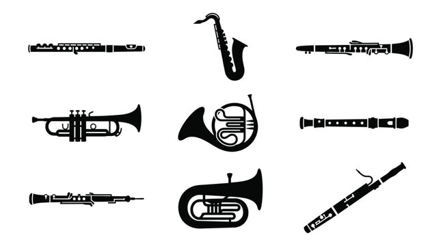Wind and brass instrument vector silhouettes.