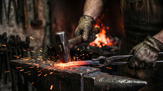 Close up of blacksmith hands wearing protective leather gloves hammering red hot molten iron steel metal on an anvil with flying bright orange sparks in a forge workshop