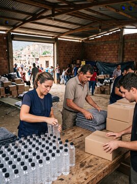Volunteers distribute essential supplies like water and blankets to people in need