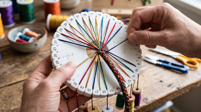 Close up of artist hands using a white foam disk tool to weave colorful silk threads into a traditional Japanese kumihimo braided cord at a wooden workshop hobby desk