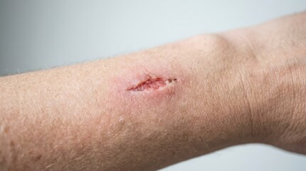 Fototapeta premium A close-up shot of a wound on a person's arm. The wound appears to be a cut or abrasion with some redness and minor bleeding
