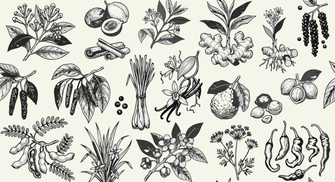 Vintage Line Art Spices and Herbs Pattern - Ginger, Vanilla, Chili Peppers, Cinnamon Botanical Illustration