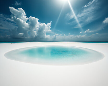 Piscine naturelle turquoise cristalline avec fond sableux blanc et ciel bleu azur pars&eacute;m&eacute; de nuages blancs, lagon tropical s&eacute;r&eacute;nin et eau limpide paradisiaque