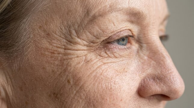 Close up of a senior woman's wrinkled eye and cheek, showing the passage of time and the natural aging process. The detailed texture highlights the lines and age spots on her skin.