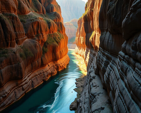 Canyon de gr&egrave;s rouge spectaculaire avec rivi&egrave;re &eacute;meraude sinueuse au fond, falaises imposantes aux teintes ocre et rouge, paysage aride grandiose et g&eacute;ologie sauvage