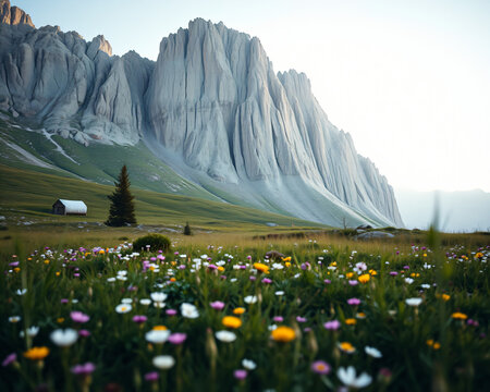 Prairie alpine somptueuse en fleurs color&eacute;es avec falaises rocheuses grises imposantes en arri&egrave;re-plan, paysage montagnard printanier luxuriant, nature sauvage et f&eacute;&eacute;rique des Alpes