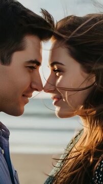 Young Caucasian Couple Noses Touching at Sunset Beach Romantic Intimacy Concept for Relationship and Love Lifestyle Photography