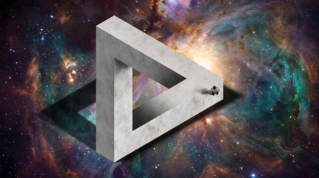 An impossible geometric shape, a Penrose triangle, floats in outer space against a backdrop of nebulae and stars