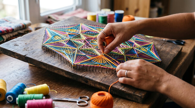 Close up of artist hands wrapping bright orange thread around nails to create a complex geometric string art design on a rustic wooden board at a creative workshop desk