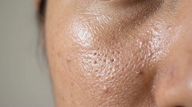 Extreme close-up of a person's facial skin showing large pores and texture, highlighting skin imperfections and potential for cosmetic treatments