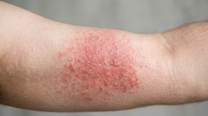 Fototapeta premium A close-up of a skin rash on a human arm, showing redness and small blisters
