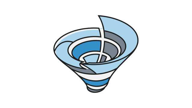 Abstract blue and grey stylized funnel or vortex shape with overlapping segments.