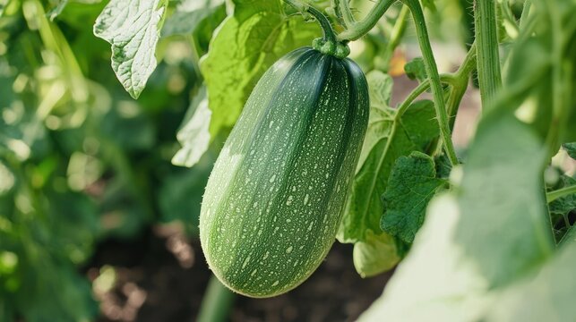Green zucchini growing on vine in garden.