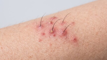 Fototapeta premium Close-up of a person's arm showing a cluster of pimples and hairs. The skin appears red and inflamed around the bumps
