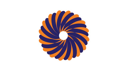 A striking abstract circular design featuring swirling patterns of orange and dark blue petals radiating from a central white void. © Bejo