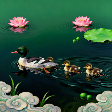 Chinese Style Merganser Ducklings Lotus Pond Painting