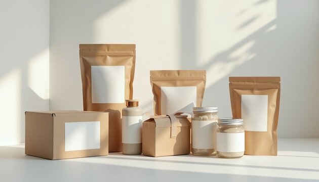 Brown paper craft bags, cardboard boxes with blank white labels sit on table. Minimalist branding mockups for organic food products. Eco friendly retail packaging in studio light. Natural design