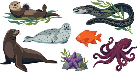 Kelp Forest Marine Wildlife and Ocean Animals Vector Illustration Set Featuring Sea Otter Seal Sea Lion Eel Octopus and Garibaldi © Rimu