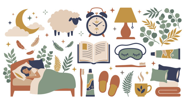 Sleep routine items cozy bedroom objects simple flat.