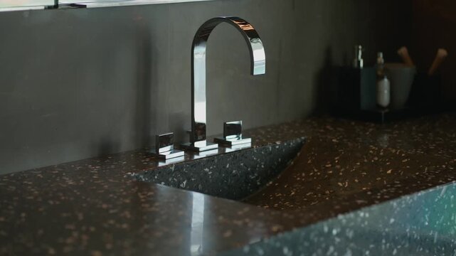 Dark countertop with shiny faucet stands out in modern bathroom, smooth surface reflects soft light, small soap bottle adds simple touch, space feels clean and elegant