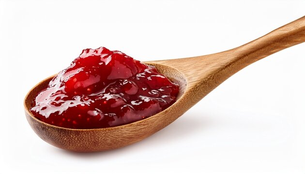 red berry jam on wooden spoon isolated on white background