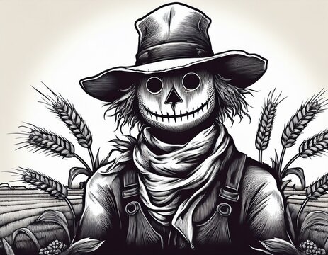 scarecrows and farm field protection emblem designs are presented in various black and white artistic styles for agricultural themes