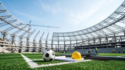 Fototapeta premium Soccer Stadium Construction Project with Ball and Hard Hat on Pitch, Architectural Planning and Sports Infrastructure Development Concept