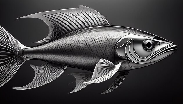 a monochromatic depiction of a streamlined fish the eye fins and details of the scales are visible