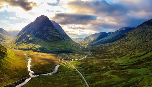 aerial view of glencoe valley and surrounding scottish mountains landscape