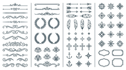 Decorative elements set, borders, frames, dividers, laurel wreaths. © Ojufa