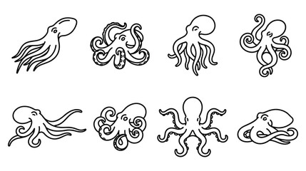 Set of eight octopus outline icons, collection of sea animals. © Ojufa