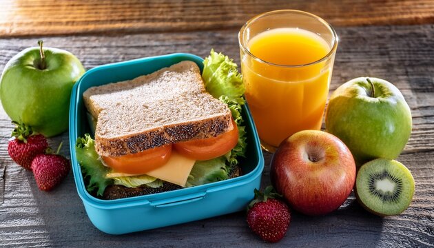 healthy packed lunch with sandwich fruit and juice