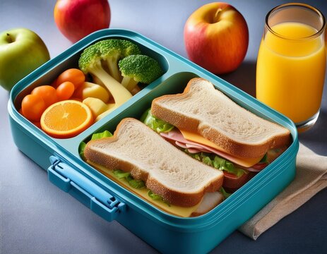 healthy packed lunch with sandwich fruit and juice for school or work