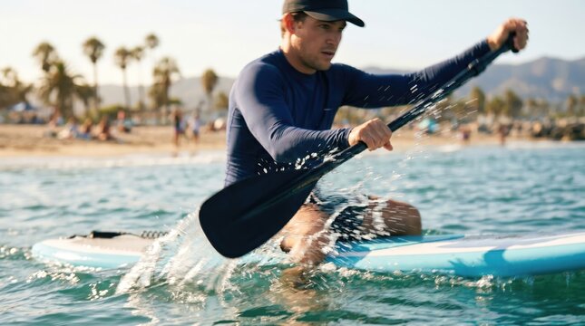 Young Caucasian man paddleboarding on ocean water at sunset, active lifestyle concept, outdoor water sports recreation, summer vacation activity, fitness training