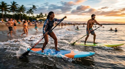 Fototapeta premium Active young Black woman and Caucasian man paddleboarding together in ocean at sunset, tropical beach vacation lifestyle, water sports adventure, healthy fitness activity