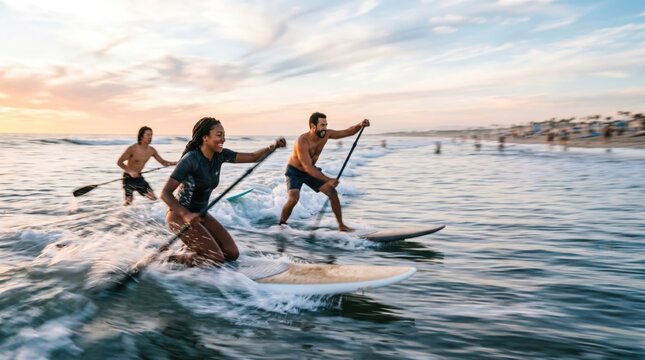 Diverse Group of Young Adults Paddleboarding at Sunset on Ocean Waves Active Lifestyle and Summer Vacation Concept for Travel and Fitness Marketing