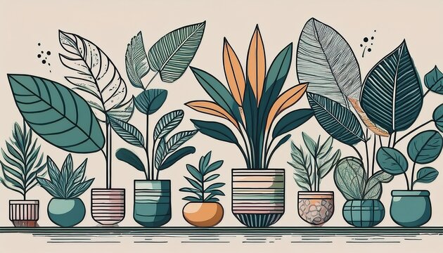various potted plants and decorative leaves are beautifully illustrated in a modern minimalist line art style perfect for contemporary design projects