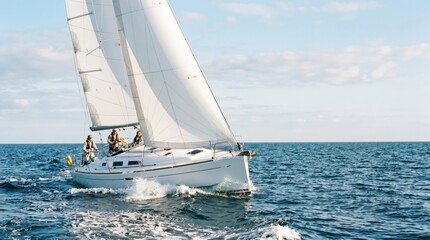 Fototapeta premium Group of diverse friends sailing on a modern yacht in the open ocean during a sunny day, representing freedom, adventure, leisure travel, and active lifestyle