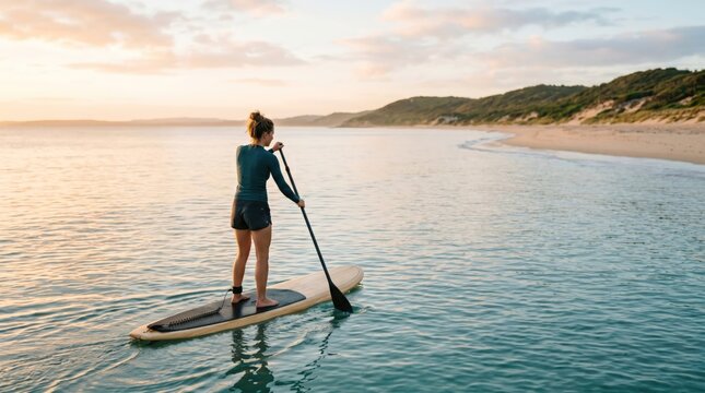 Young Caucasian woman paddleboarding on calm ocean water at sunset, active lifestyle concept for travel, wellness, and outdoor fitness photography