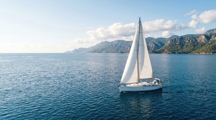 Fototapeta premium Aerial view of a modern white sailboat cruising on calm blue Mediterranean sea near coastal mountains, representing luxury travel, summer vacation, and freedom