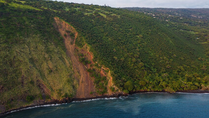 Drone aerial view of coastal landslide on the cliffs of Captain Cook, Big Island, Hawaii