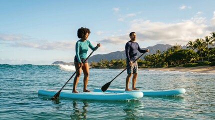 Obraz na płótnie Canvas Active young couple stand up paddleboarding in tropical ocean water, enjoying outdoor fitness and summer vacation lifestyle on Hawaii style beach