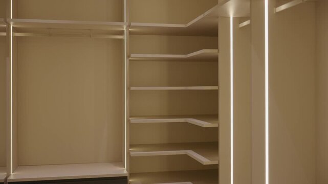 Empty walk in closet with built in shelves and hanging rods. LED lights glow along edges. White walls and black frames create clean, modern space with organized layout.