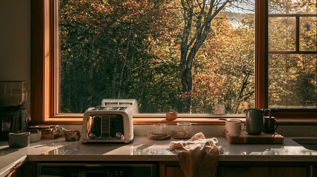 Kitchen counter, bathed in sun, showed toaster and items. Autumn trees framed the window view.