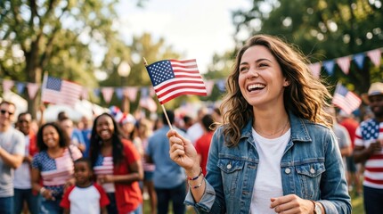 Obraz premium Happy young Caucasian woman holding small American flag at outdoor community celebration, patriotic holiday event, summer festival, national pride, freedom, independence day concept