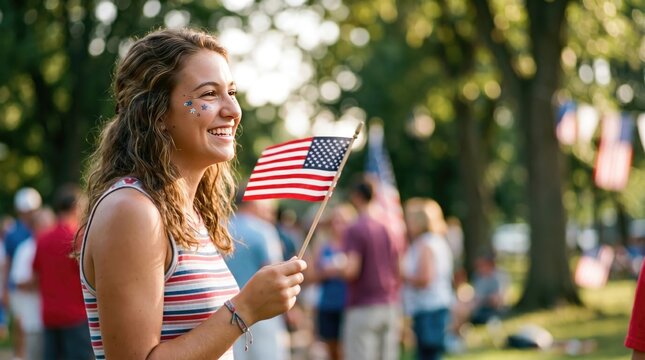 Young Caucasian woman smiling holding American flag at outdoor patriotic celebration, festive summer holiday event with star face paint, concept of national pride and freedom